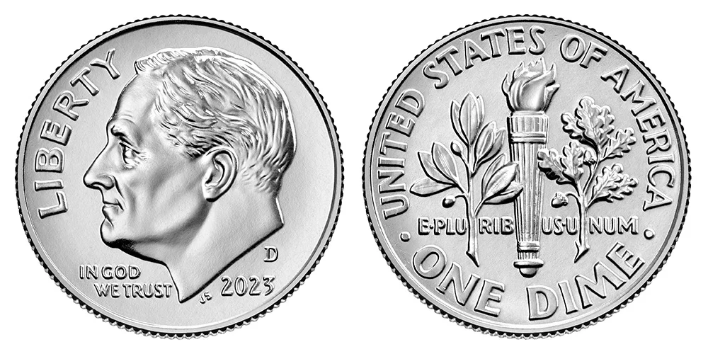 2023 Roosevelt dime obverse and reverse showing Full Bands torch detail