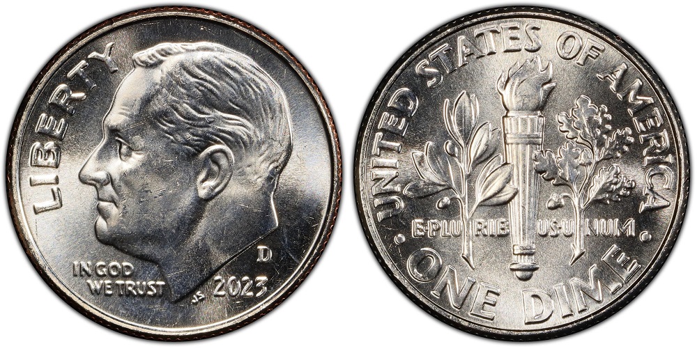 Side-by-side comparison of 2023 dime torch bands: common (merged bands) vs. Full Bands variety (clearly separated bands)