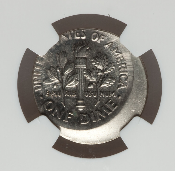 2023 Roosevelt dime off-center strike error showing misaligned design and visible blank planchet area