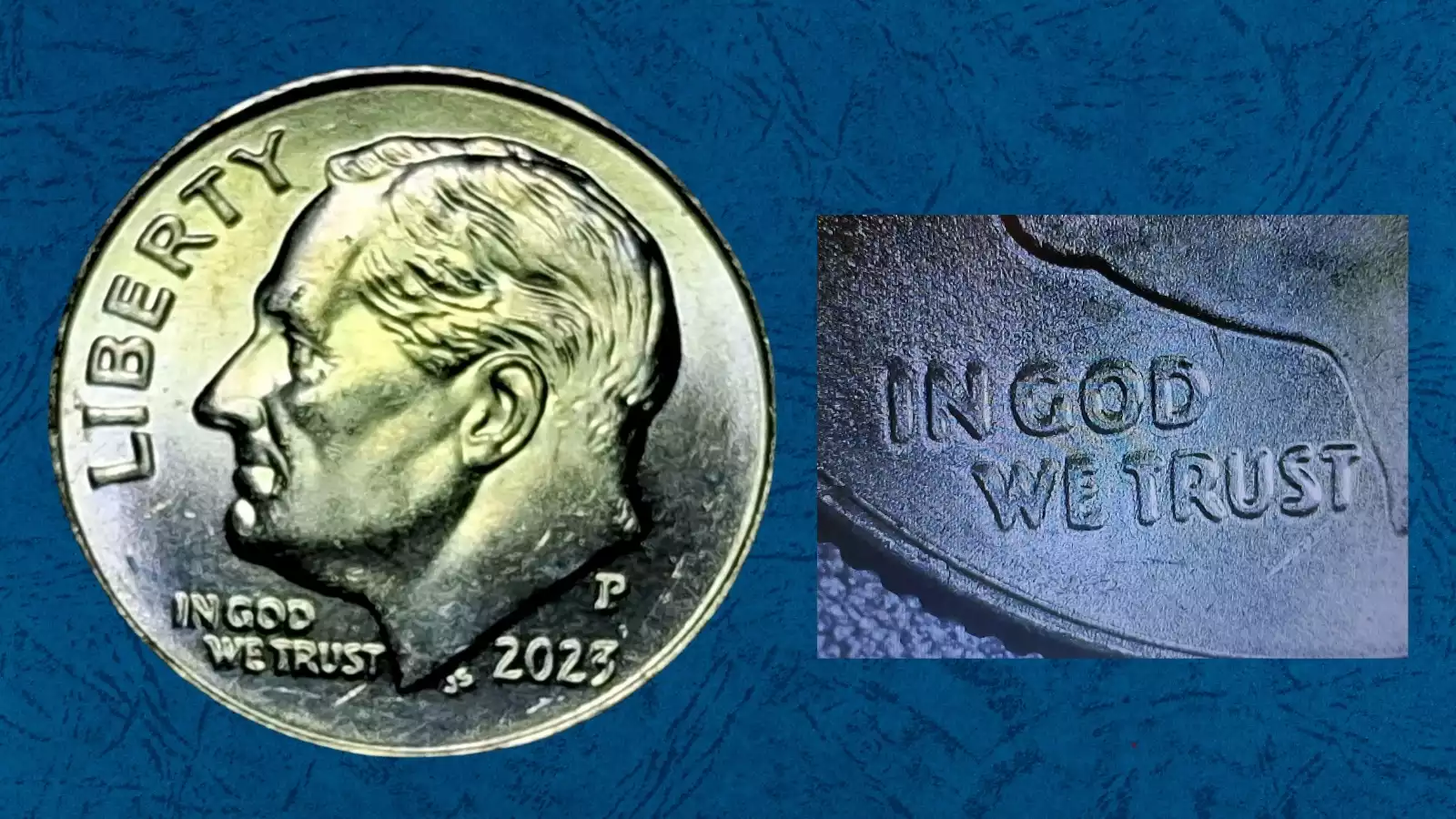 2023 Roosevelt dime doubled die obverse (DDO) showing raised doubling on LIBERTY inscription