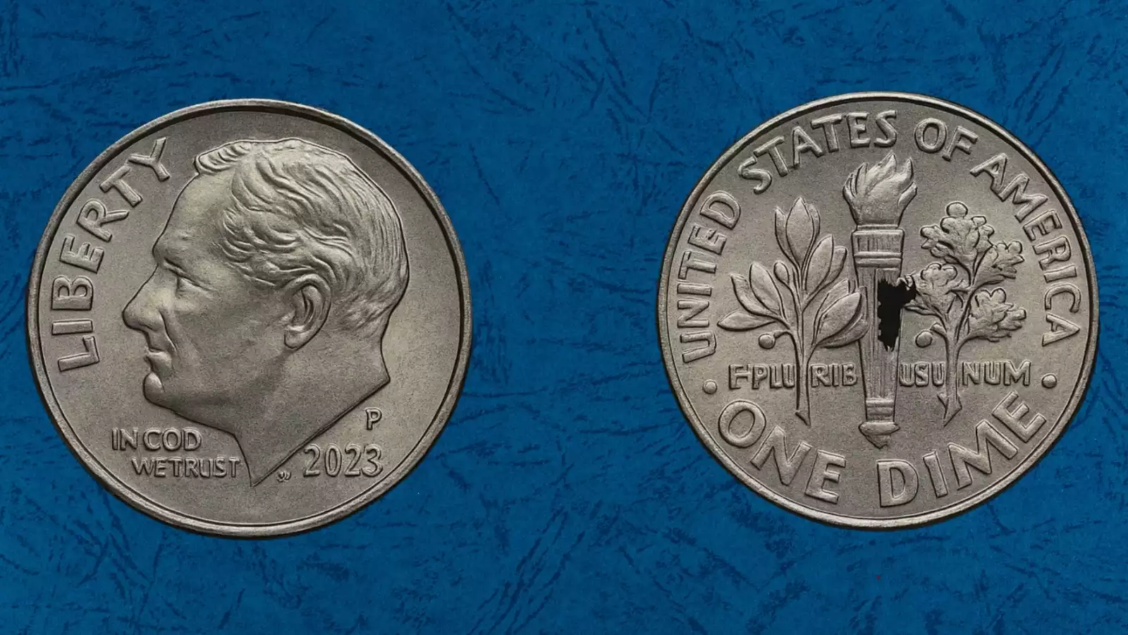 2023 Roosevelt dime die break cud error showing raised featureless blob of metal at the rim