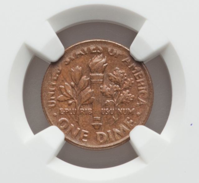 2023 Roosevelt dime missing clad layer error showing copper-colored exposed core on affected side