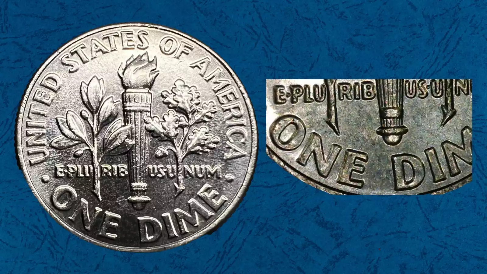 2023 Roosevelt dime doubled die reverse (DDR) showing raised doubling on ONE DIME reverse inscription